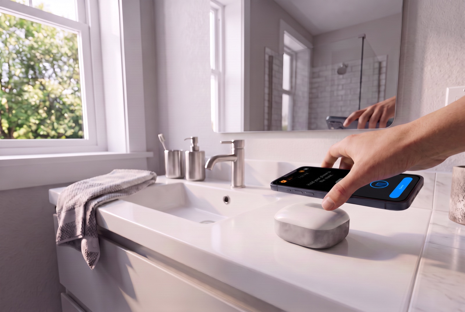 A hand holds a phone over the stone on a bathroom counter in morning light, about to tap it.